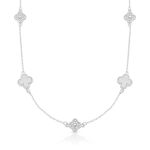 COLAR DE PRATA TREVO 37cm+ 5cm DE EXTENSOR COM 36 ZIRCONES CRAVEJADOS E 2 MADRE PÉROLAS DE 8 MM 22298
