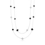 COLAR DE PRATA TREVO 90 CM + 5 CM DE EXTENNSOR COM 64 ZIRCONES CRAVEJADOS E 11 ÔNIX 22303