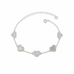 PULSEIRA DE PRATA CORAÇÕES MADRE PEROLA BRANCA E 56 PEDRA CRAVEJADAS COM 17 + 5 CM DE EXTENSÃO