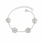 PULSEIRA DE PRATA FLORES COM MADRE PEROLA BRANCA 17 + 5 CM DE  EXTENSÃO