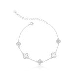 PULSEIRA DE PRATA TREVO 17cm + 5cm DE EXTENSOR COM 36 ZIRCONES CRAVEJADOS E 2 MADRE PÉROLAS DE 8 MM 22299