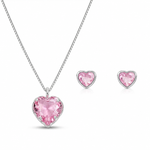 CONJUNTO COLAR E BRINCO SOLITÁRIO CORAÇÃO ROSA PRATA 925