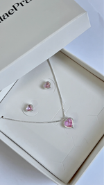 CONJUNTO COLAR E BRINCO SOLITÁRIO CORAÇÃO ROSA PRATA 925