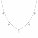 CHOCKER DE PRATA PAVE FLORES PENDURADAS  COM 25 ZIRCONIAS CRAVEJADAS E 37 + 7 CM DE EXTENSÃO