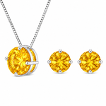 CONJUNTO COLAR E BRINCO SOLITÁRIO DE PRATA AMARELO CITRINO