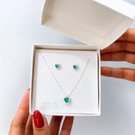 CONJUNTO COLAR E BRINCO SOLITÁRIO CORAÇÃO VERDE TURMALINA PRATA 925