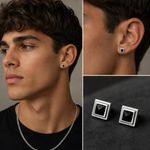 BRINCO DE PRATA MASCULINO QUADRADO 10 MM COM 2 AGHATAS PRETA DE 4.3 MM CRAVEJADAS 21683