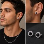 BRINCO DE PRATA MASCULINO REDONDO 12 MM COM 42 ZIRCONES CRAVEJADOS E PEDRA PRINCIPAL ONIX 6.4 MM 21687