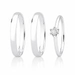 PAR DE ALIANÇAS MEIA CANA 2 MM PRATA 925 + ANEL SOLITÁRIO ZIRCÔNIA 4 MM + ESTOJO DE VELUDO
