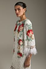 VESTIDO BORDADO MANGA PLUMAS