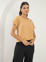 Blusa Feminina Social com Manga Curta, Decote Redondo e Fenda