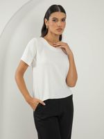 Blusa Feminina Social com Manga Curta, Decote Redondo e Fenda