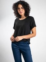 Blusa Feminina Social com Manga Curta, Decote Redondo e Fenda