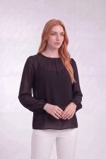 Blusa Feminina Social com Manga Bufante e Transparência Sutil