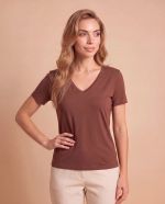 Blusa Feminina Básica Manga Curta em Viscolycra com Decote V