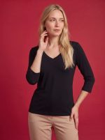 Blusa Feminina Básica Manga 3/4 em Viscolycra com Decote V
