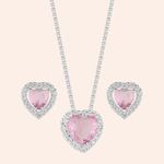 Conjunto Prata Coração Zircônia Rosa