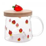 Caneca Morangos em Vidro e Tampa de Bambu - 330ml