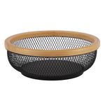 Cesta em Metal Aramado Preta com Detalhe em Bambu - 25x8,5 cm