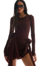Vestido Assimétrico Tule Flor Marrom | Asymmetrical Flower Tulle Dress - Brown