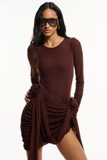 Vestido Assimétrico Tule Flor Marrom | Asymmetrical Flower Tulle Dress - Brown