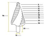 BROCA ESCALONADA 9 A 36 HSS ESPIRAL TITÂNIO PROFISSIONAL MTX