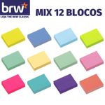 Bloco Notas Adesivas BRW 100 Folhas Mix 38x51mm - 12 Cores - Kit ou unidade