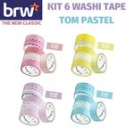 Kit 6 Washi Tape Fita Adesiva BRW Tom Pastel Estampada