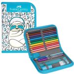 Estojo Faber Castell Mamíferos - Preguiça e Porco Espinho - Lápis de Cor + Borracha + Apontador + Caneta + Lápis + Régua