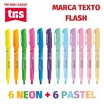 Caneta Marca Texto Tris Flash Corpo Decorado Tom Pastel e Neon - Rosa, Lilás, Azul, Verde, Amarelo, Laranja