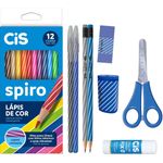 Kit Escolar Cis Spiro - 9 Itens - Lápis de Cor - Caneta - Apontador - Borracha - Tesoura - Cola