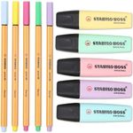 Kit Stabilo Pastel 5 Marca Texto Boss + 5 Canetas Point 88 Ultra Fina Ponta Agulha