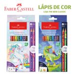 Lápis de Cor Faber Castell Decorado Unicórnio ou Dinossauro - 12 Cores + 2 Rainbow + Adesivos