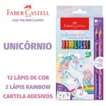 Lápis de Cor Faber Castell Decorado Unicórnio ou Dinossauro - 12 Cores + 2 Rainbow + Adesivos