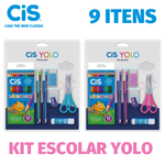 Kit Escolar Cis Yolo 9 Itens - Caneta + Lápis de Cor + Tesoura + Borracha + Cola + Lápis + Apontador