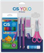 Kit Escolar Cis Yolo 9 Itens - Caneta + Lápis de Cor + Tesoura + Borracha + Cola + Lápis + Apontador