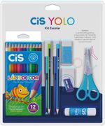 Kit Escolar Cis Yolo 9 Itens - Caneta + Lápis de Cor + Tesoura + Borracha + Cola + Lápis + Apontador