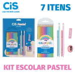 Kit Escolar Cis Tom Pastel - 7 Itens - Caneta + Lápis de Cor + Borracha + Apontador + Lápis