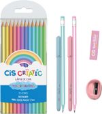 Kit Escolar Cis Tom Pastel - 7 Itens - Caneta + Lápis de Cor + Borracha + Apontador + Lápis