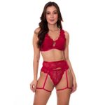 Conjunto de Lingerie Moda de Baixo em Renda com Cinta Liga Vermelho - VC5035