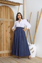 Saia Longa Evasê Jeans - Cintura Ajustável