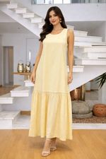 Vestido Longo em Viscolinho - Recorte e Zíper Invisível nas Costas
