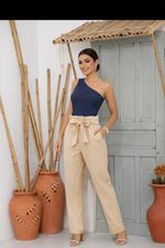 Calça Sarja - Cintura Alta e Faixa para Amarração