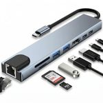 HUB USB Tipo C, 8 em 1, HDMI, RJ45, USB 30, SD, Micro SD, TF, USB-C PD 87W