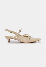 Scarpin Slingback Couro Off White com Fivelas Salto Fino