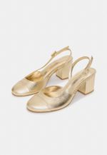 Scarpin Boneca Salto Bloco Couro Ouro Light