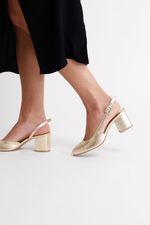 Scarpin Boneca Salto Bloco Couro Ouro Light