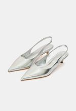 Scarpin Slingback Couro Cristal Prata Salto Fino