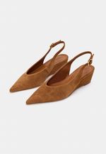 Scarpin Slingback Anabela Couro Camurça Caramelo