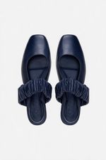 Sapatilha Ballet Franzida Couro Azul Marinho